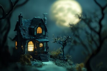 A tiny, gothic-style house, bathed in the pale light of the moon, stands on a hilltop, shrouded in a mysterious night.