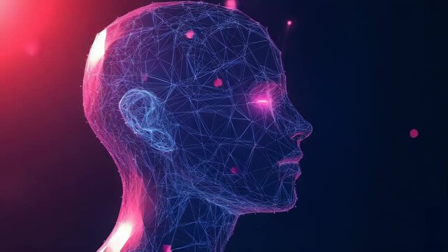 Artificial intelligence glowing face emerging from futuristic connections