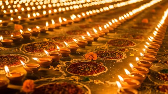 Illuminated Rows of Diyas Festive Diwali  Dussehra  Navratri  and Durga Puja Celebration