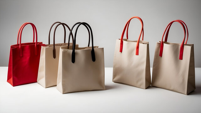 Stylish Tote Bags with Colorful Handles On Grey Background