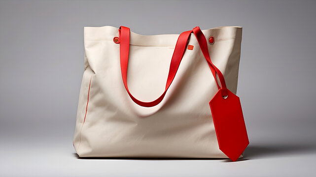 Stylish Tote Bag with Red Accents and Tag