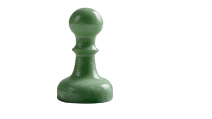 Close-up of glossy green pawn chess piece with intricate details, isolated on a transparent background for strategy game themes.