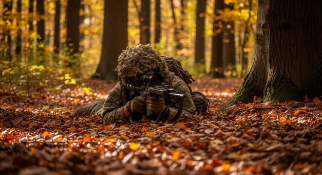 Soldier with camouflage gear lying on the ground during a military exercise in autumn forest. Sniper scout on a mission.