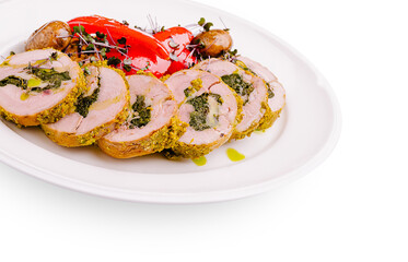 Deliciously prepared chicken dish with herbs and roasted vegetables