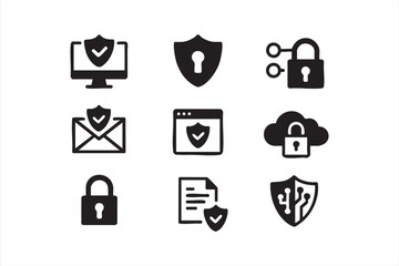 Shield, padlock, and cloud encryption symbols set isolated