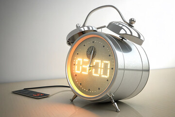 Retro twin bell alarm clock illuminated dial showing 0630 morning time on wooden surface