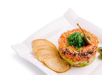 Fresh salmon tartare served with crispy bread and a garnish of herbs