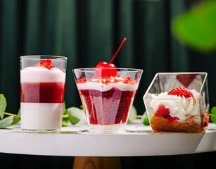Delicious layered desserts displayed on a table showcasing vibrant colors