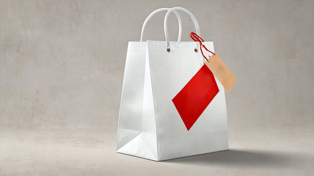 White Shopping Bag with Red Tag and Ribbon