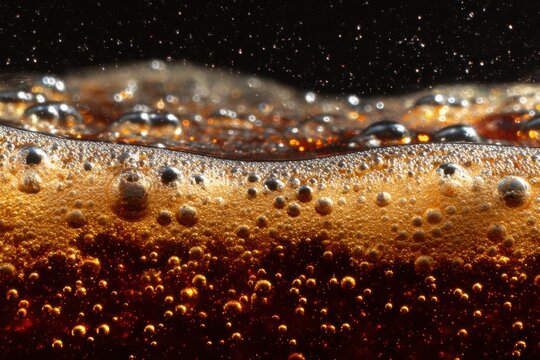 Close up view of carbonated beverage showing bubbles and frothy surface in refreshing detail against a dark background
