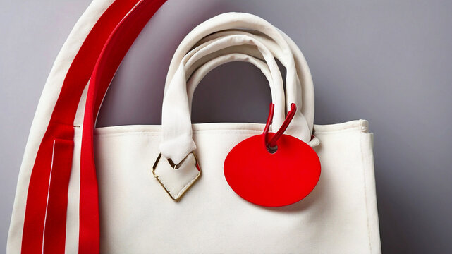 Stylish Tote Bag with Red Straps and Tag