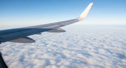 Obraz premium Airplane Wing Over Clouds and Blue Sky