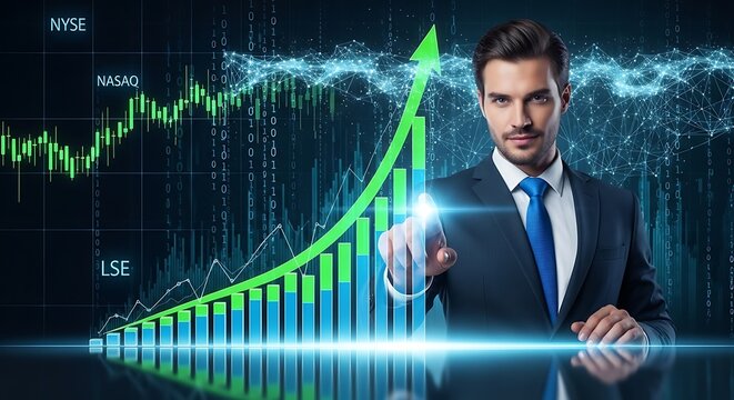 Businessman Points to a Growing Stock Market Graph