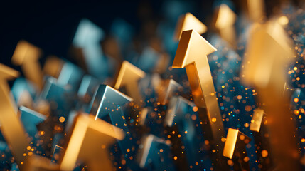 conceptual digital art of golden arrows rising upward, symbolizing financial growth, abstract 3D shapes floating in space, futuristic neon blue and gold color palette