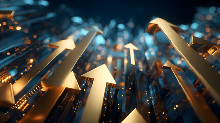 conceptual digital art of golden arrows rising upward, symbolizing financial growth, abstract 3D shapes floating in space, futuristic neon blue and gold color palette