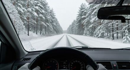 Driver hands in gray gloves on steering wheel of car. Driving on snow covered road with winter forest. Winter travel concept.