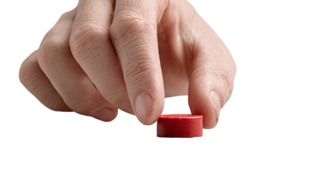 Close-up of hand placing small red game token on surface, highlighting delicate grip and gameplay, isolated on a transparent background. - Powered by Adobe