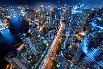 Dazzling Night Cityscape with Light Trails and Skyscrapers