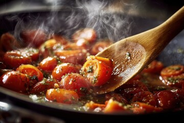 Fresh tomatoes sauteed in a pan with herbs creating a deliciously fragrant dish ready for serving in a cozy kitchen setting