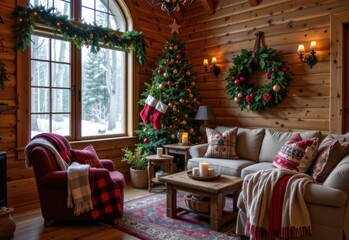 Fototapeta premium a rustic cabin styled with christmas decor in deep green, brown, and red plaid patterns, natural pine accents, and cozy knit stockings matching the wooden log cabin interior