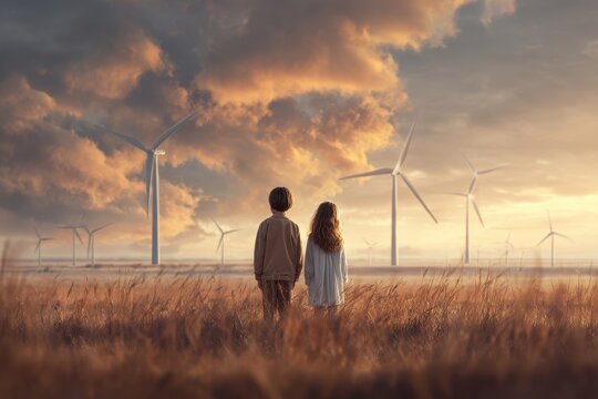 Future of energy as two children observe wind turbines in a vast field under a dramatic sky during sunset