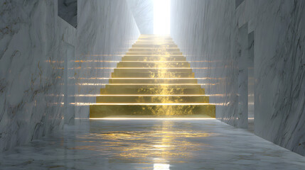 golden staircase ascending into glowing light, symbolizing success and ambition