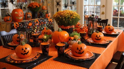 Autumn Table Decor with Pumpkin Centerpiece and Halloween Theme Dining