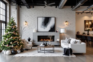 a contemporary loft styled with christmas decorations in black, silver, and white tones, abstract ornaments, sleek lines, and modern lighting fitting industrial style interiors