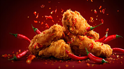 spicy chicken wings, clean background, photography picture, chopped chilies floating around