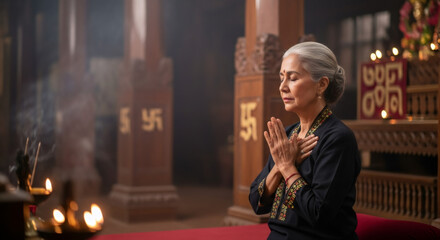 Mature indian woman praying with folded hands. Spiritual Hindu ritual concept. Traditional festival celebration and worship.