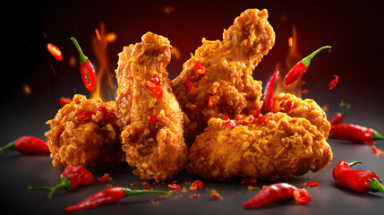 spicy chicken wings, clean background, photography picture, chopped chilies floating around