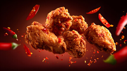 spicy chicken wings, clean background, photography picture, chopped chilies floating around