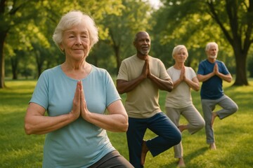 Senior group practicing yoga together outdoors in peaceful green park
