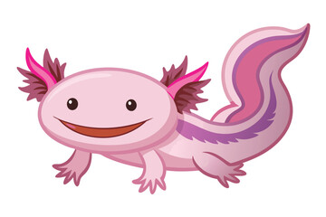 Delightful Cartoon Axolotl Illustration Pink Body Feathery Gills Curving Tail and an Overall Friendly Appearance on a White Background