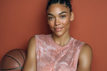 A woman wearing a light salmon-colored tank top smiles warmly, positioned against a rich terracotta backdrop.