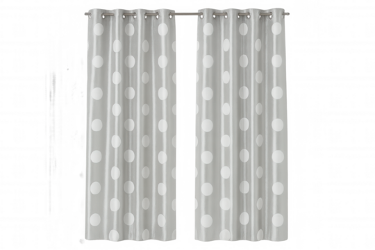 Slightly open white curtain with large white dots hanging on a curtain rod, isolated on transparent background