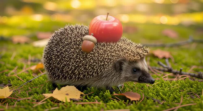 A small hedgehog with a red apple on its back crawls on green moss surrounded by autumn leaves. This scene captures the essence of autumn in nature
