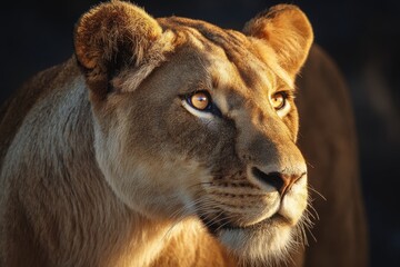 Obraz premium Golden gaze of a lioness showcases her beauty and strength while she captures the attention of onlookers in a serene moment during sunset in the wilderness