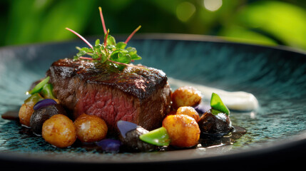 Cultural glamping in forest experience with gourmet steak, roasted potato, mushroom, fresh herb and artistic plating on elegant plate