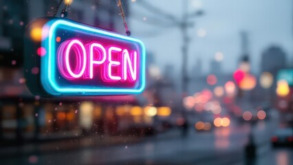 Neon open sign glowing brightly on a rainy city street at night with blurred background lights