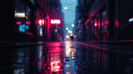 Obraz premium Wet Street Reflections of City Lights in the Evening Rain