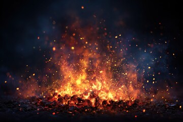 Flames dance above glowing embers in a realistic bonfire surrounded by swirling grill smoke at night