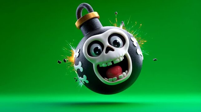 3D cartoon, a happy skull on a black bomb icon with a burning lit fuse, green background