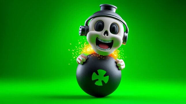 3D cartoon, a happy skull on a black bomb icon with a burning lit fuse, green background