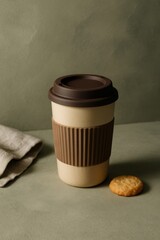A reusable coffee cup with a brown sleeve, next to a biscuit on a table