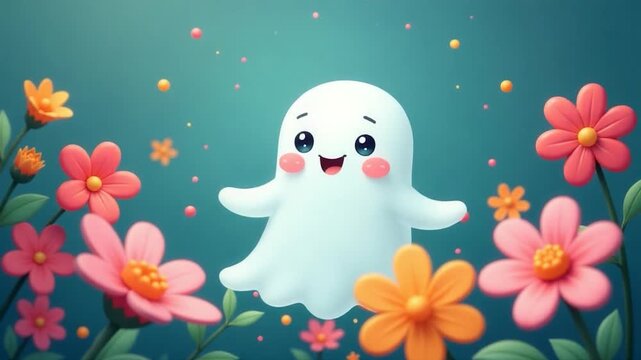 A whimsical illustration of a friendly ghost surrounded by colorful flowers