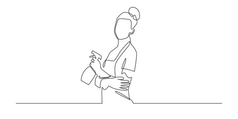 Continuous line illustration of a woman cleaner holding a spray bottle. One line drawing art symbolizing hygiene, sanitation, cleaning service, and household work.