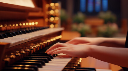 Faithful organist practicing in a small church music room with a vintage organ and hymnals portrayed in a superb photo featuring clear outlines ambient radiance and intricate