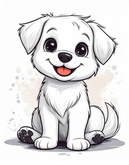 Fototapeta premium Adorable white puppy sitting happily, a charming black and white cartoon vector illustration
