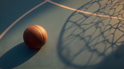 Top view of a basket ball on a basketball court, with the shadow of the net, soft lighting, and clean, minimalistic composition